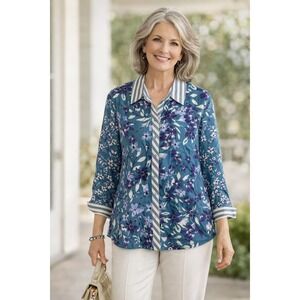 Coldwater Creek Floral Button Front Blouse Size L Teal Purple Print